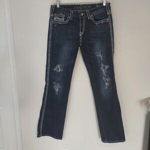 Cowgirl Tuff Worn & Torn Embroidered Indigo Bootcut Western Jeans Size 31